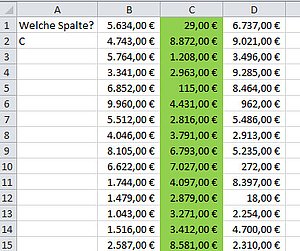 Es wird Spalte automatisch markiert, deren Buchstabe in Zelle A2 steht