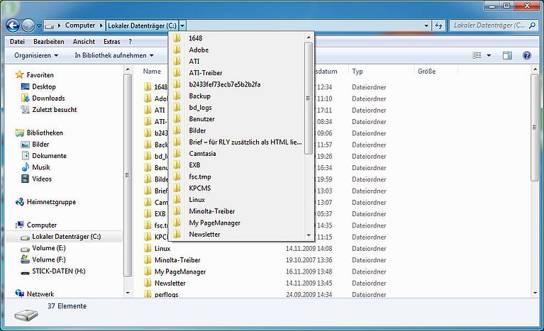 Windows 7: Ordner im Windows-Explorer blitzschnell auswählen Sie sehen im Windows-Explorer eine Liste mit allen Ordnern unterhalb des aktuell gewählten Verzeichnisses