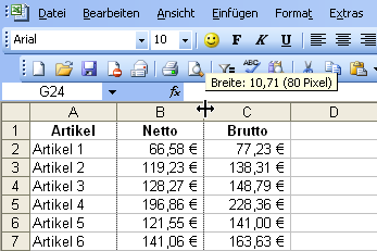 Anzeige der Spaltenbreite einer Excel-Zelle Anzeige der Spaltenbreite einer Excel-Zelle