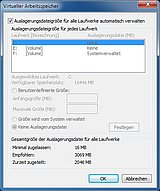 Im Bild sehen Sie das Dialogfenster für die Konfiguration der Auslagerungsdatei, über das Sie den virtuellen Speicher individuell einstellen können. 