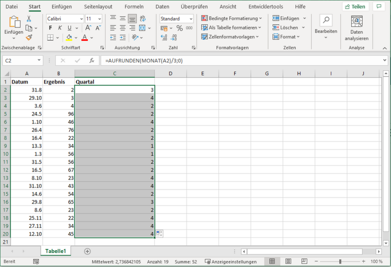 Excel Formel das Quartal aus Datum