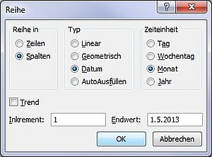 Mit diesem Dialogfenster legen Sie eine Datenreihe für Monatstage fest