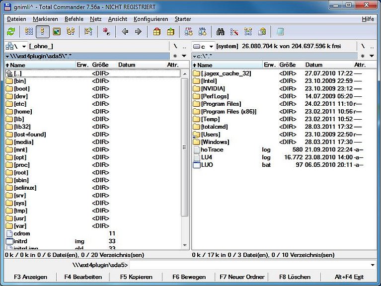 Linux-Partitionen unter Windows nutzen Im Bild sehen Sie den TotalCommander und die unter Windows eingebundenen Linux-Dateisysteme.
