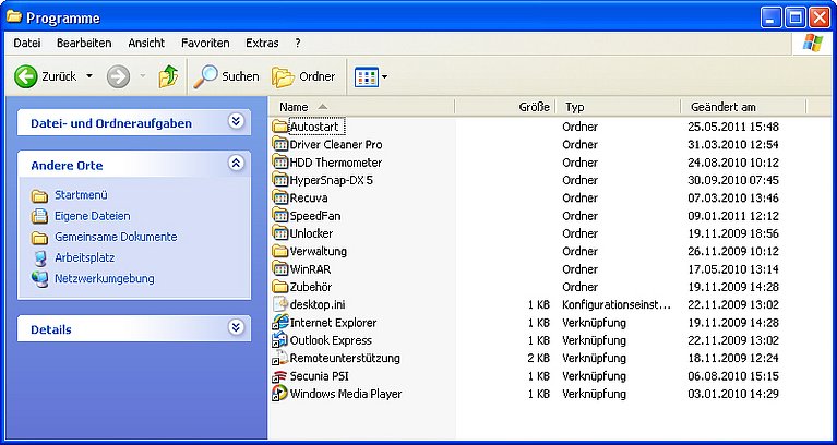 Internet Explorer: Unerwünschte Startseite ändern Im Bild sehen Sie das Fenster Programme und den Ordner AUTOSTART.