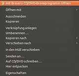 Im Bild sehen Sie das Kontextmenü für Dateien. Mit einem Klick auf de den Eintrag MIT BRASERO CD/DVD-BRENNPROGRAMM ÖFFNEN, können Sie das Brennprogramm von Ubuntu akivieren. 