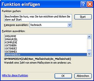 Die Funktion UMWANDELN beim Aufruf über den Funktions-Assistenten