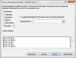 Im zweiten Schritt des Assistenten definieren Sie das Trennzeichen für Ihre Excel-Daten