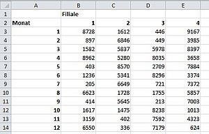Daten eines Betriebes sind auf Filialen und Monate verteilt
