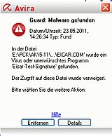 Im Bild sehen Sie das Viren-Schutzprogramm AntiVir 10 Personal von Avira. Der Virenscanner meldet gerade einen Virenbefall. 