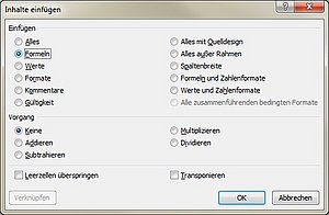 Mit dieser Option fügen Sie Formeln, Texte und Zahlenformate ein