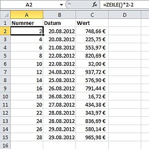 Diese Tabelle ist per Formel in Zweierschritten nummeriert