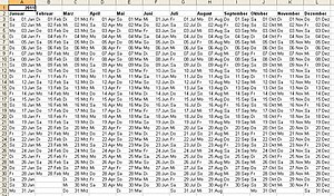 Ein fertiger Jahreskalender in einer Excel-Tabelle
