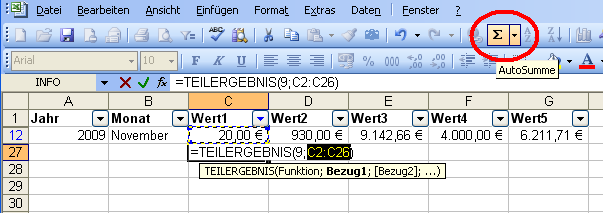 Über die Funktion TEILERGEBNIS werden Summen der sichtbaren Zellen gebildet Über die Funktion TEILERGEBNIS werden Summen der sichtbaren Zellen gebildet
