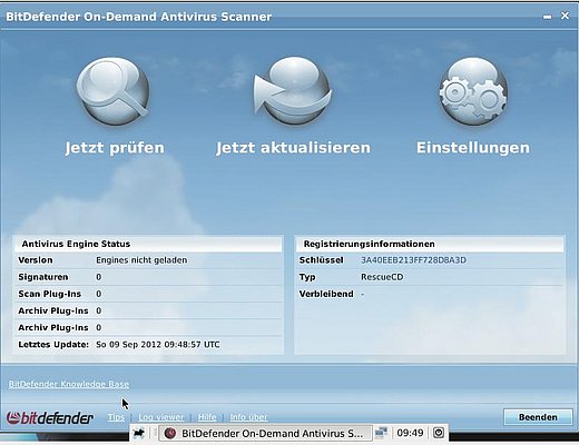 Im Bild sehen Sie die BitDefender Rescue CD und die Schaltflächen zum Scannen, Aktualisieren und Konfigurieren. 