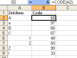 ASCII-Codes per Formel ermitteln ASCII-Codes per Formel ermitteln