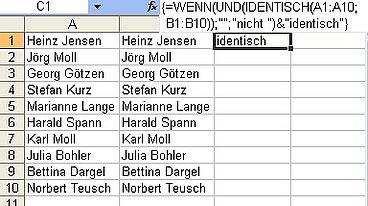 Daten in zwei Spalten einer Excel-Tabelle vergleichen
