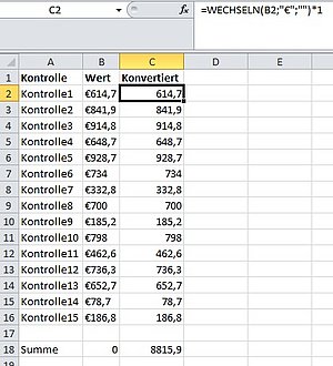 Die Zahlen mit Währungsangabe werden in Zahlen konvertiert, mit denen Excel rechnen kann