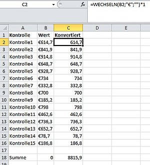 Die Zahlen mit Währungsangabe werden in Zahlen konvertiert, mit denen Excel rechnen kann
