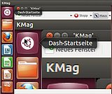 Im Bild sehen Sie den Ubuntu-Desktop und die Bildschirmlupe KMag, die einen Teil der Starterleiste vergrößert. 