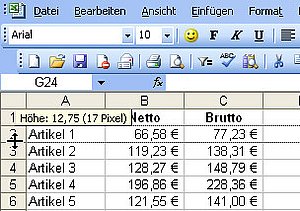 Anzeige der Zeilenhöhe in einer Excel-Tabelle