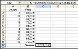 Funktion SUMMENPRODUKT in der Tabelle