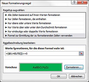 Eintrag der ersten Formel zum Markieren der Datumswerte