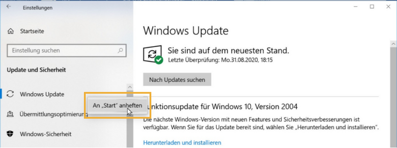 Windows-Einstellungen an Start