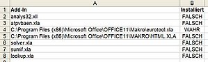 Eine Liste aller Add-Ins als Darstellung in einer Excel-Tabelle