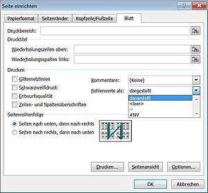 Einrichtung der Seite zum Unterdrücken von Excel-Fehlern