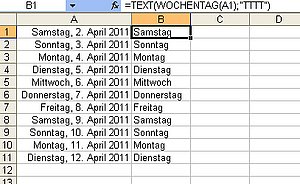 Wochentage werden über das Zahlenformat dargestellt