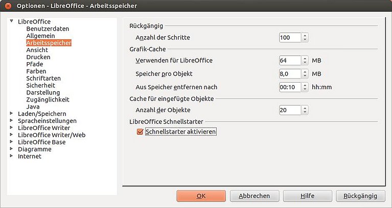 Drehen Sie an der Leistungsschraube von LibreOffice Im Bild sehen Sie die Optionen für die Verwendung des Arbeitsspeichers beim Einsatz von LibreOffice.