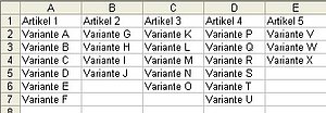 Eine Excel-Liste Artikel und Varianten dieser Artikel