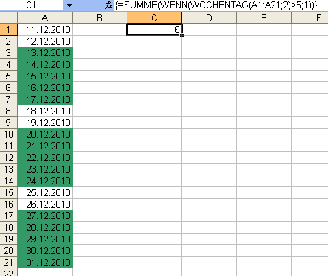 Wochenendtage in einer Excel-Datumsliste zählen Wochenendtage in einer Excel-Datumsliste zählen