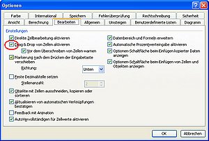 Optionen für das Bearbeiten von Zellen in Excel 2003