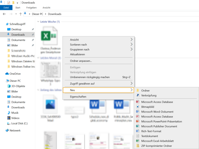 neues Element Kontextmenü