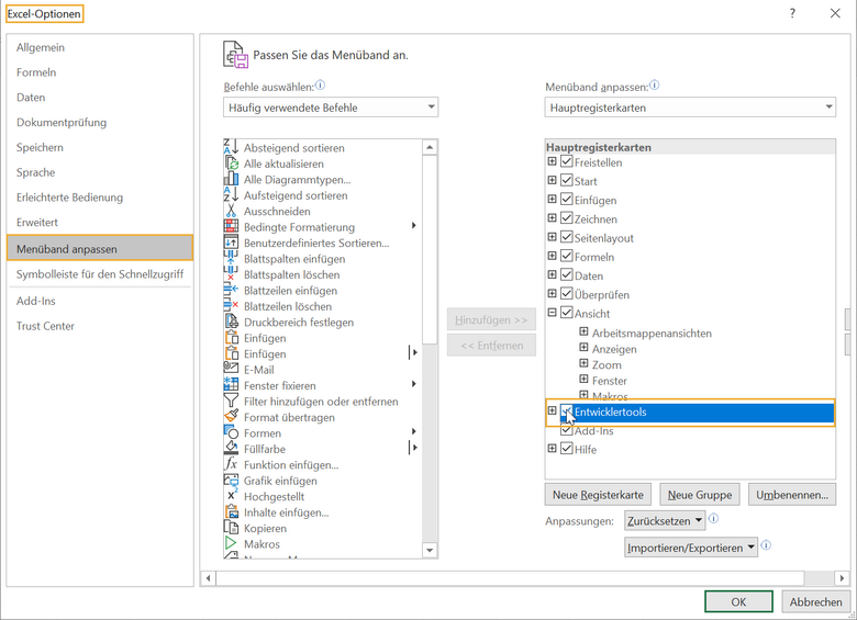 Entwicklertools aktivieren