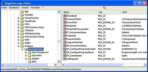 Im Bild sehen Sie den Registrierungseditor von Windows XP und den Schlüssel CURRENTVERSION.