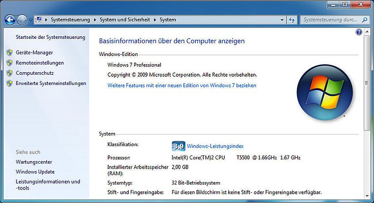 Windows 7: Basisinformationen über das System anzeigen Im Bild sehen Sie die Basisinformationen über den Computer, u. a. die Windows 7-Version, die CPU und die Größe des Arbeitsspeichers.