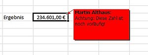 Ein Excel-Kommentar mit rotem Hintergrund sorgt für Aufmerksamkeit