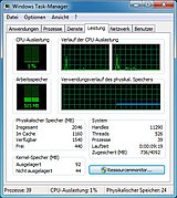 Im Bild sehen Sie den Task-Manager von Windows 7 und rechts zwei Fenster, die die Auslastung der CPU-Kerne anzeigen. 