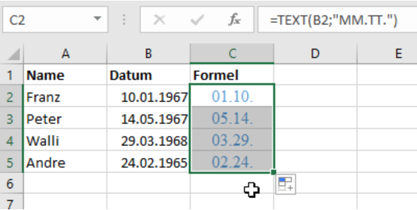 Formel einsetzen Beispieltabelle