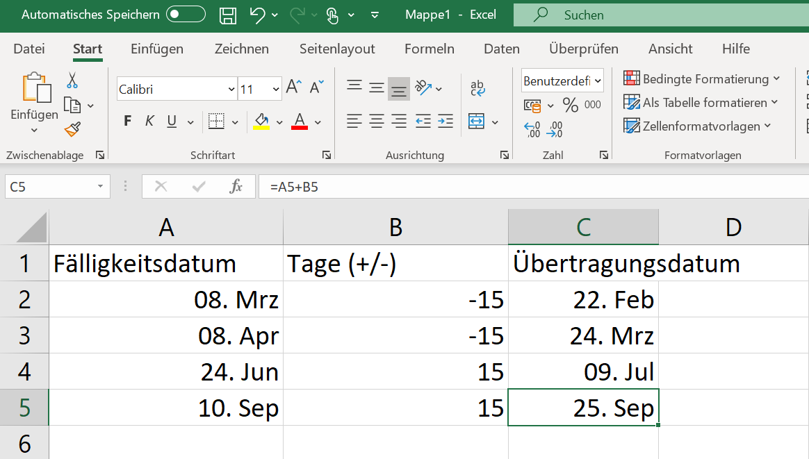 Monate zu ExcelDatum addieren und subtrahieren