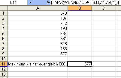 Das Maximum aller Werte, die kleiner oder gleich 600 sind