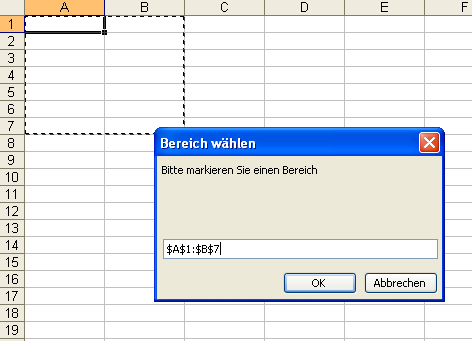 Zellbereich über ein Eingabefenster auswählenZellbereich über ein Eingabefenster auswählen