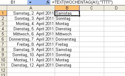 Wochentagnamen als Texte in Zellen