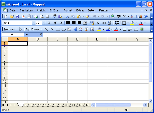 Neue Arbeitsmappe mit nummerierten Tabellenblättern