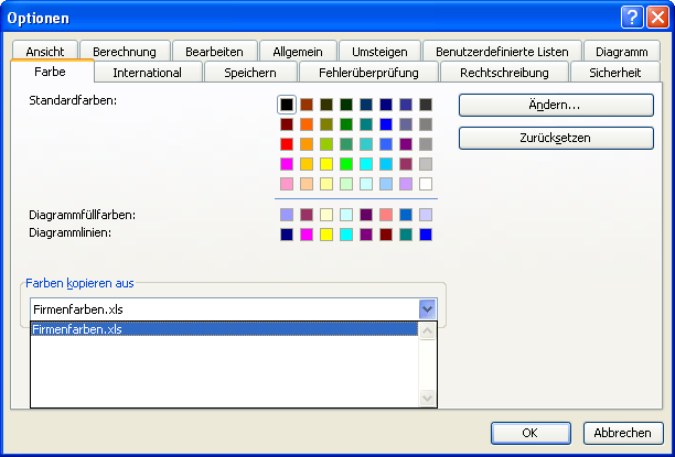 Wählen Sie eine andere Arbeitsmappe aus der Liste als Palette aus
