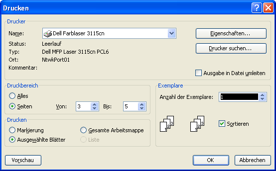 Als Druckseiten sind die Seiten 3 bis 5 voreingestellt
