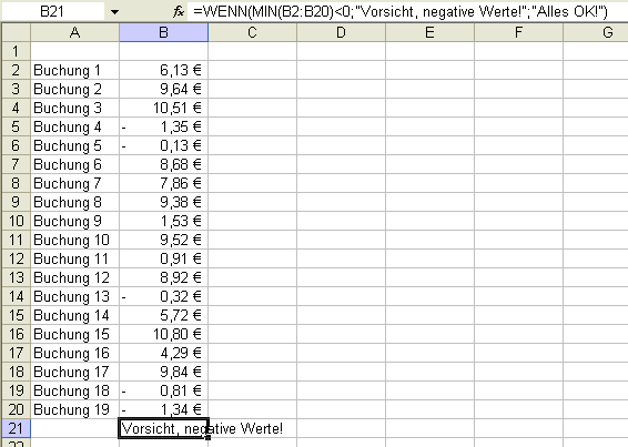 Eine Warnung, falls negative Werte auftreten