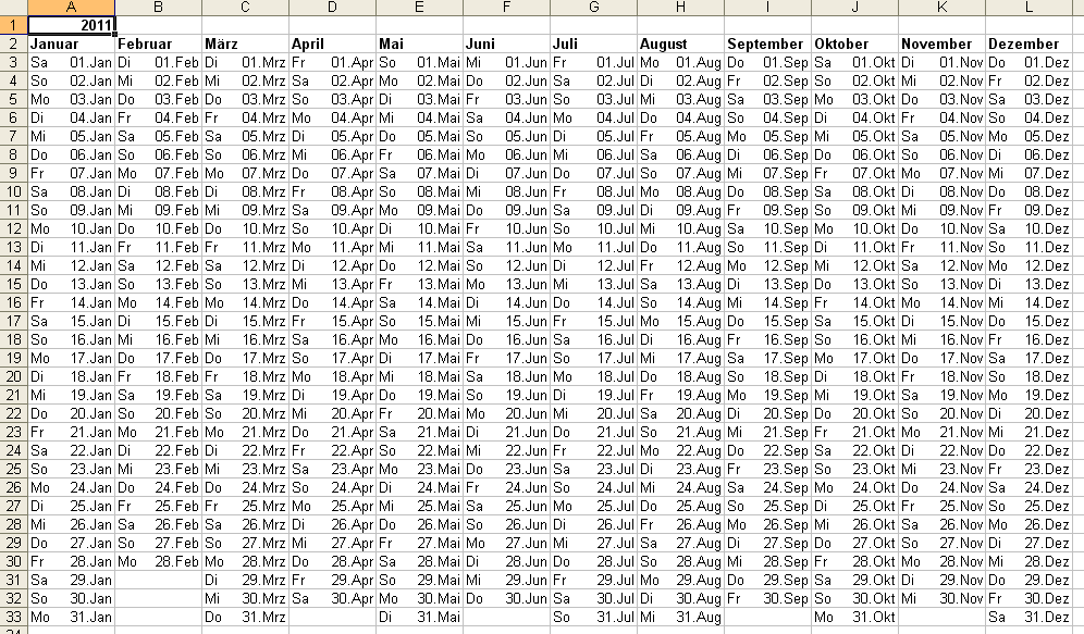 Ein fertiger Jahreskalender in einer Excel-Tabelle